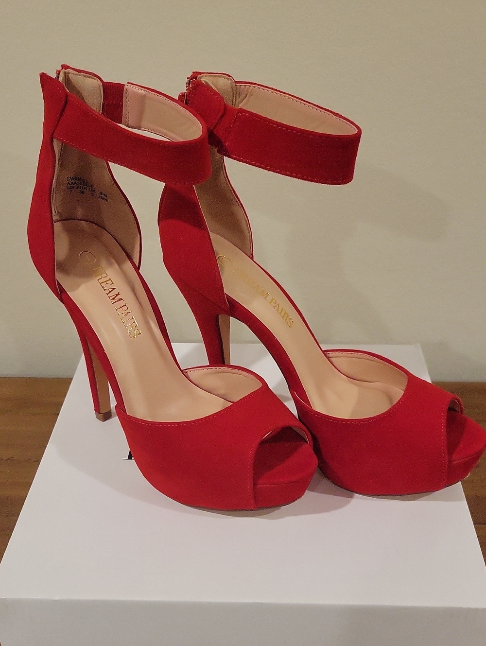 Dream Pairs Red Suede Peep-Toe Ankle-Strap Stilettos